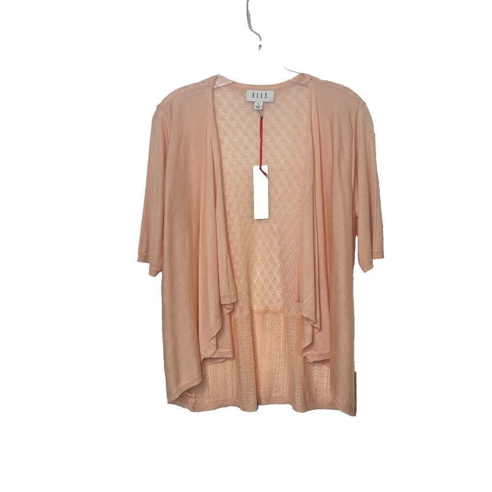 NWT Elle Womens Open Front Cardigan‎ Sweater Medium in Peach Pink Back Crochet